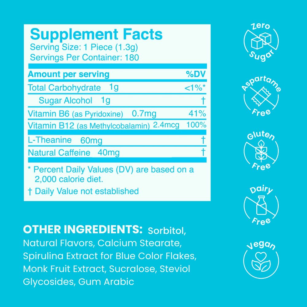 NeuroGum Energy Caffeine Mints (180 Pieces) - Sugar Free with L-theanine + Natural Caffeine + Vitamin B12 & B6 - Nootropic Energy & Focus Supplement for Women & Men - Keto & Vegan, Peppermint Flavor