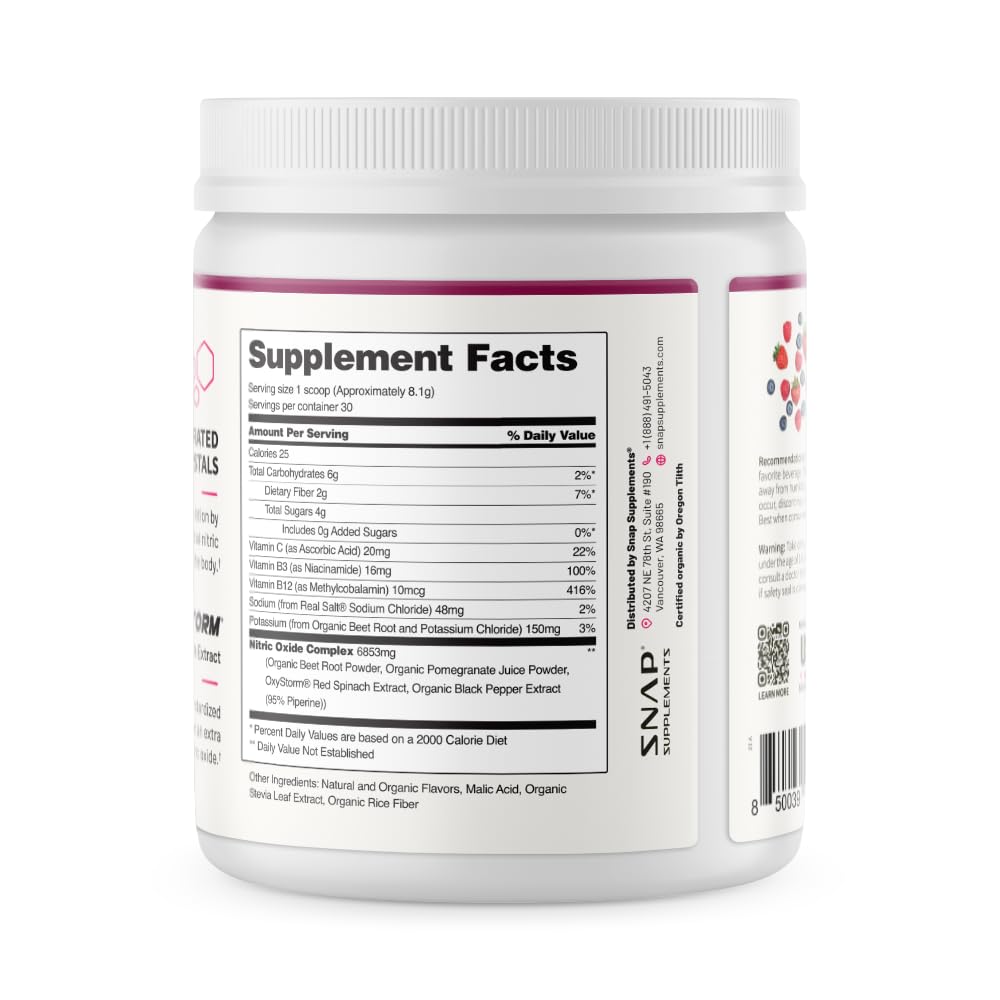 Snap Supplements Organic Beet Root Powder Nitric Oxide Supplement for Men & Women, Red Spinach & Pomegranate, Supports Healthy Energy & Blood Pressure Already in Normal Range, 30 Servings, Mixed Berry