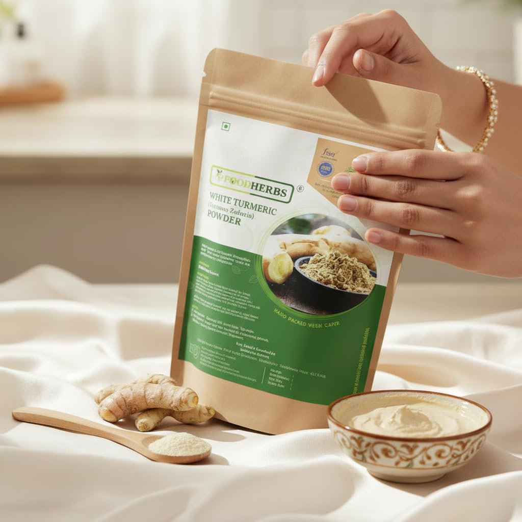FOODHERBS White Turmeric Powder | 200 Gm/0.44 Lbs | Curcuma Zedoaria | For Glowing Skin, Body Odor, Reducing Scars, Black Spots | No Stain | Kachoor | Poolankilangu | Skin Hydration