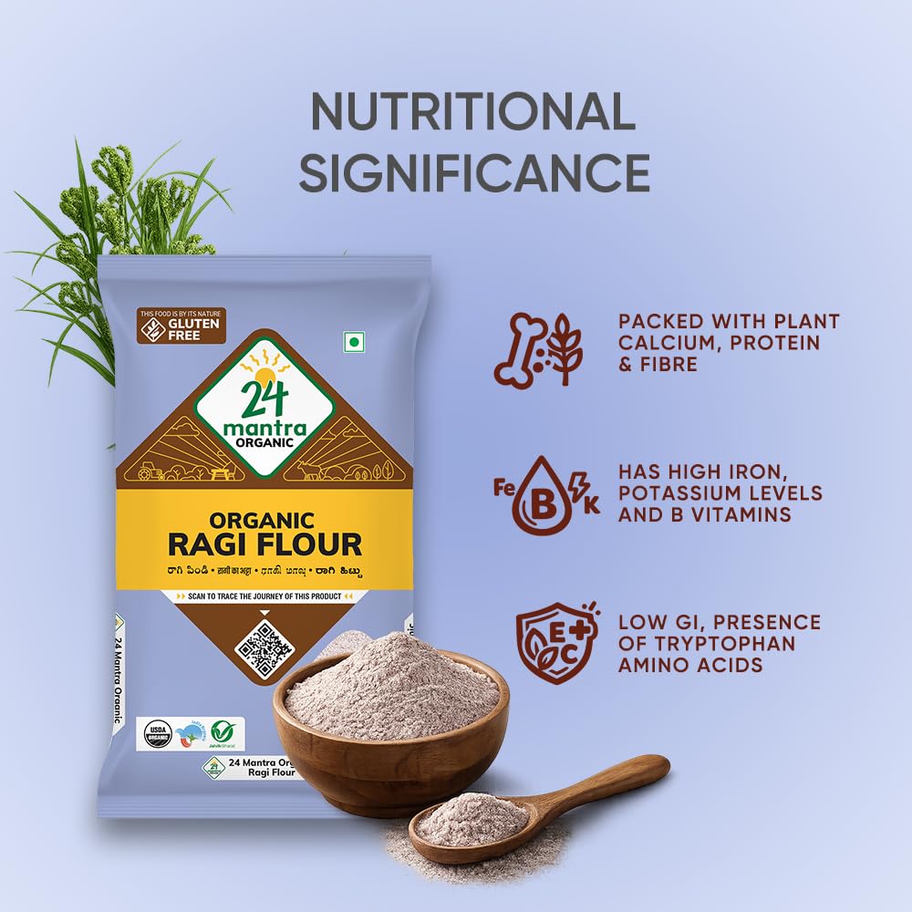 24 Mantra Organic Ragi Flour/Finger Millet/Nachni Flour - Chemical Free & Pesticides Free | Naturally Gluten-Free (500 G (Pack Of 1))