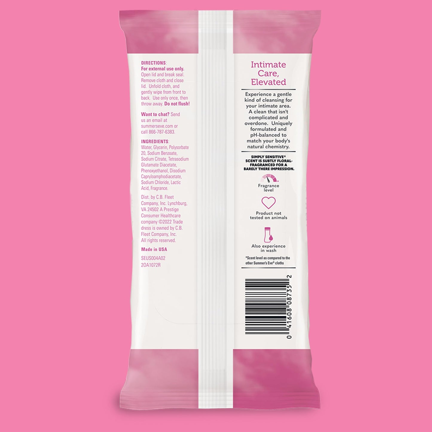 Summer's Eve Simply Sensitive Feminine Wipes, Gentle pH-Balanced Micellar Water Based Formula Helps Control Vaginal Odor, Resealable Pack, 32 Wipes, Pack of 4
