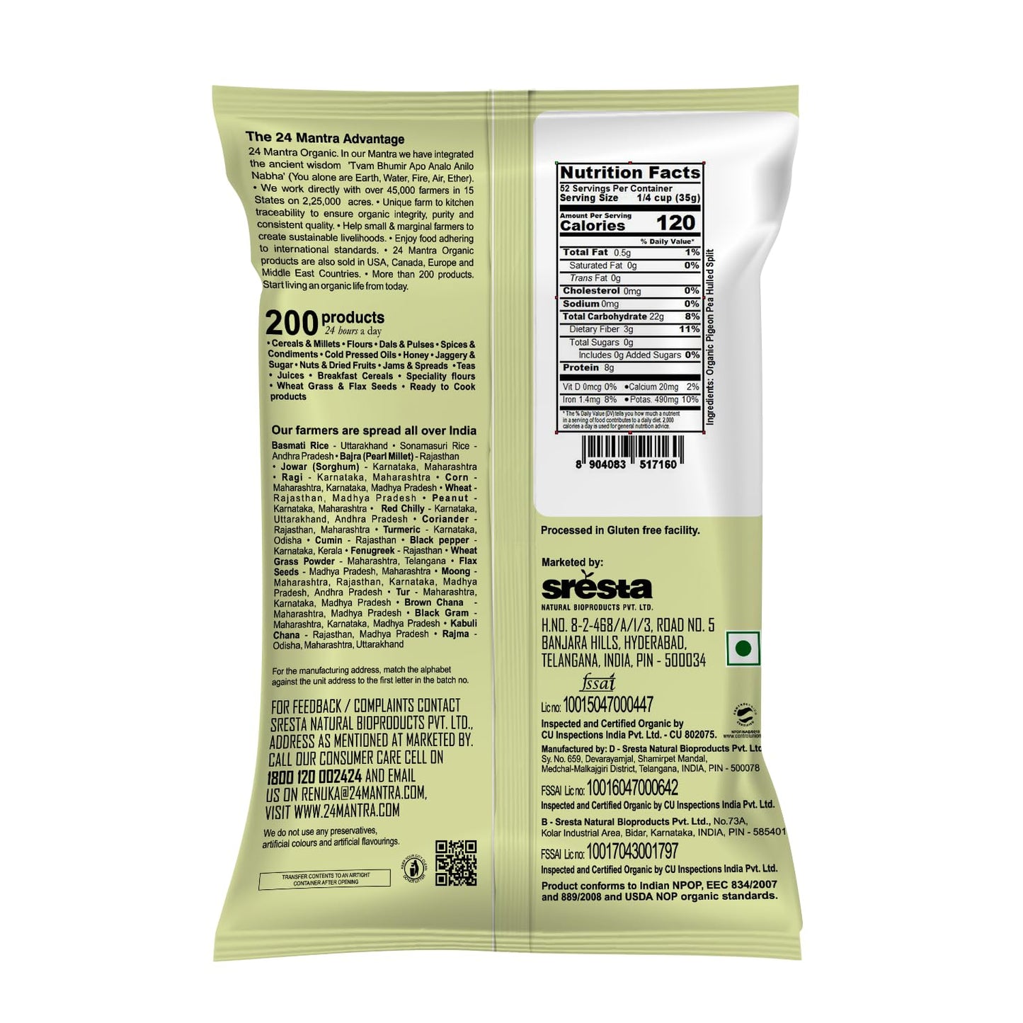 Organic Toor Dal - Organic Split Pigeon Peas (Toor Dal) -USDA Certified Organic - European Union Certified Organic -Pesticides Free - Adulteration Free - Sodium Free - 4 Lbs - 24 Mantra Organic