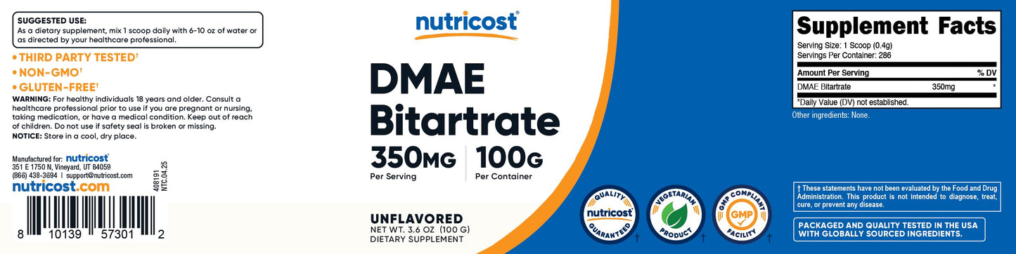 Nutricost Pure DMAE-Bitartrate Powder 100 Grams