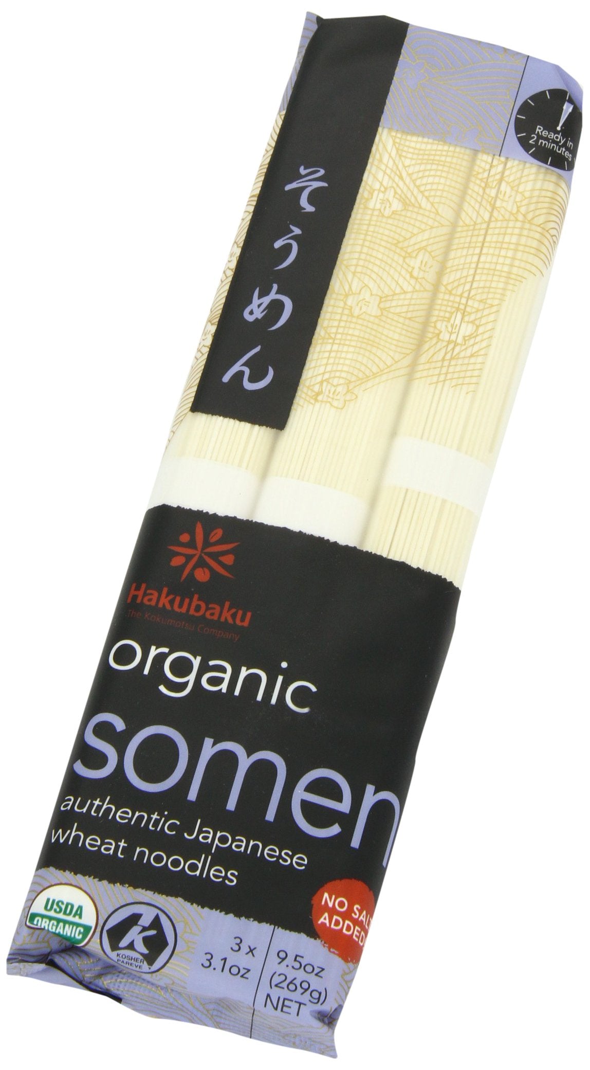 Hakubaku Organic Somen, Authentic Japanese Wheat Noodles, No Salt Added, 9.5-Ounce Packages (Pack of 8)