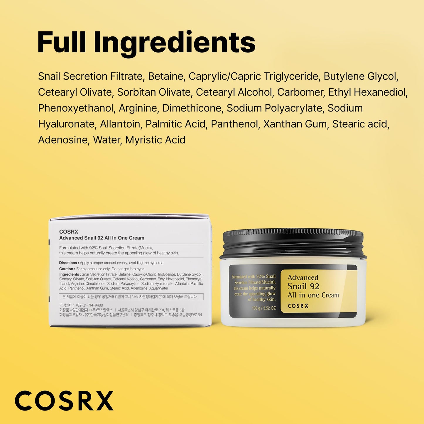 COSRX Snail Mucin 92% Face Moisturizer, 3.52 Oz, Lightweight Moisturing Cream for Soft, Glowy Skin, Korean Skin Care, Korean Moisturizer Face Cream