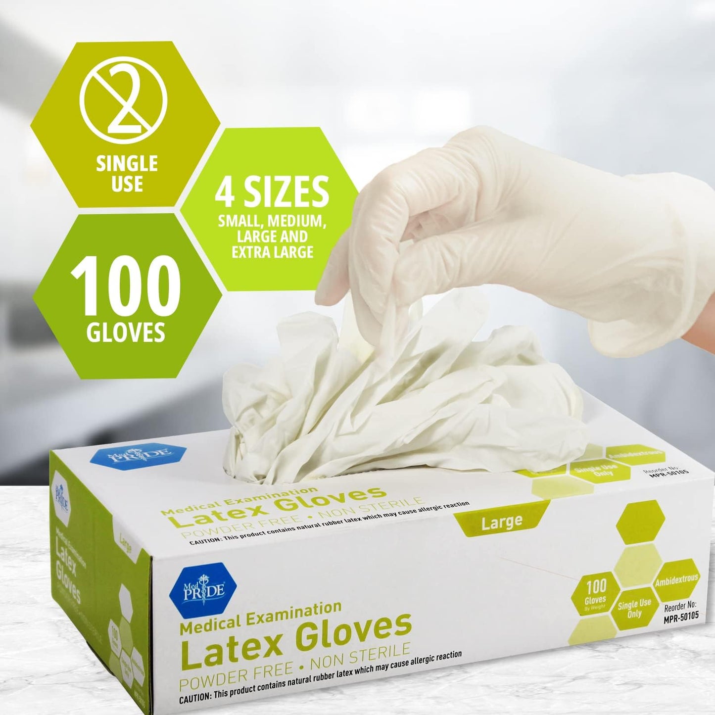 MED PRIDE Medical Latex Examination Gloves (X-Large, 100-Count) Ultra-Strong 5 mil Thick, Disposable Powder-Free Gloves for Healthcare & Food Handling Use