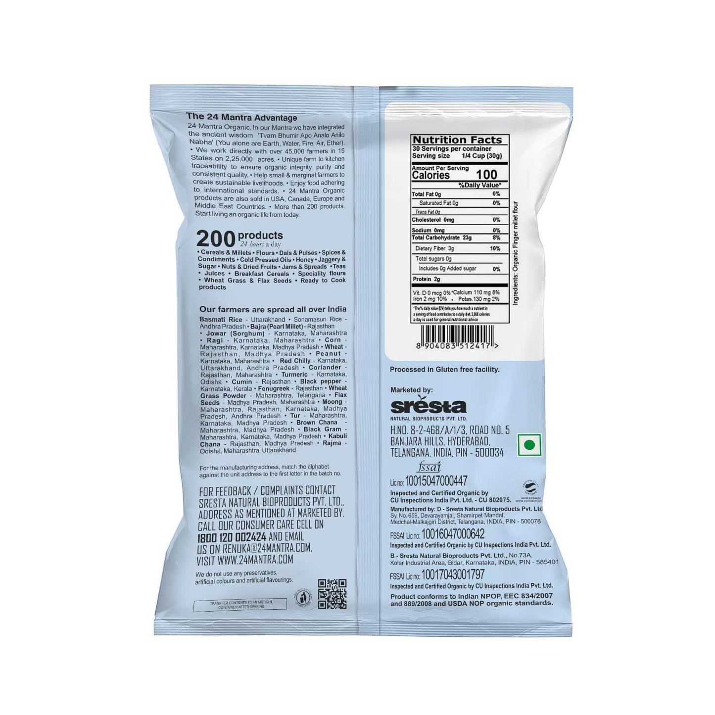 24 Mantara Organic Flour, Ragi, 2 Pound