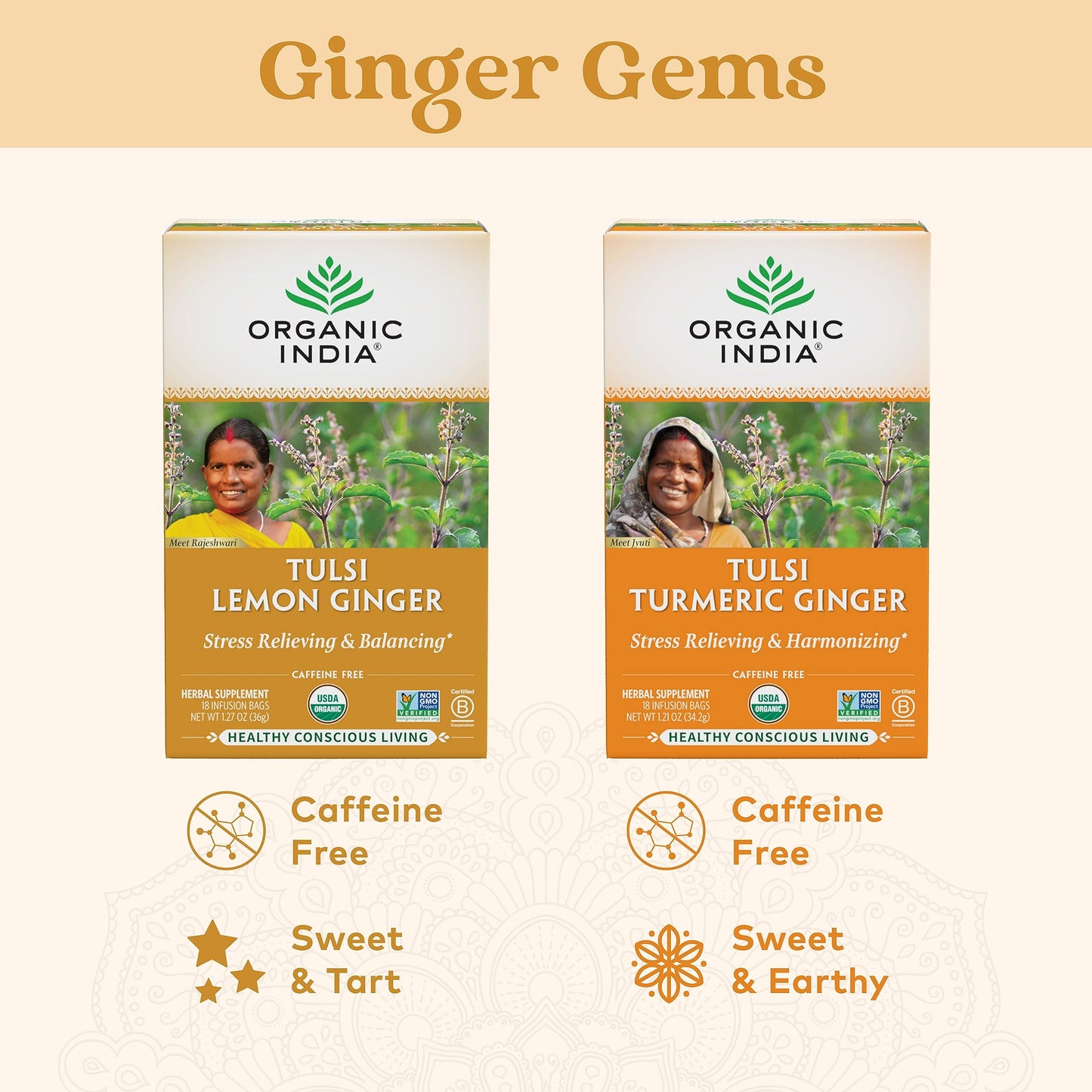 Organic India Tulsi Lemon Ginger Tea Bags - Herbal Tea, Stress Relieving & Reviving, Immune Support, Aids Digestion, Vegan, USDA Certified Organic, Non-GMO, Caffeine-Free - 18 Infusion Bags, 6 Pack