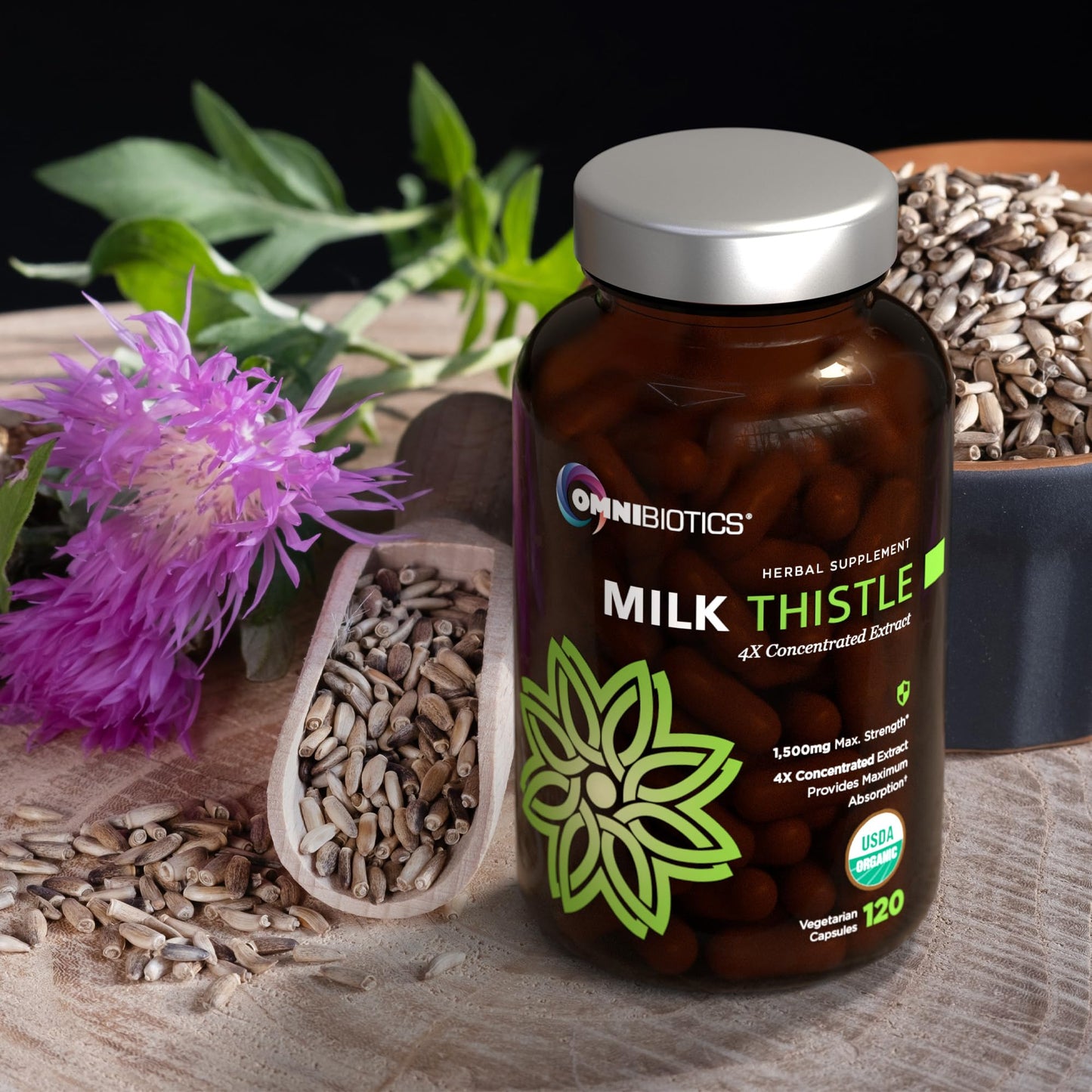 OmniBiotics Organic Milk Thistle Supplement 1500mg β 4X Concentrated Extract with Silymarin β High Potency Liver Detox & Support β 120 Vegan Capsules