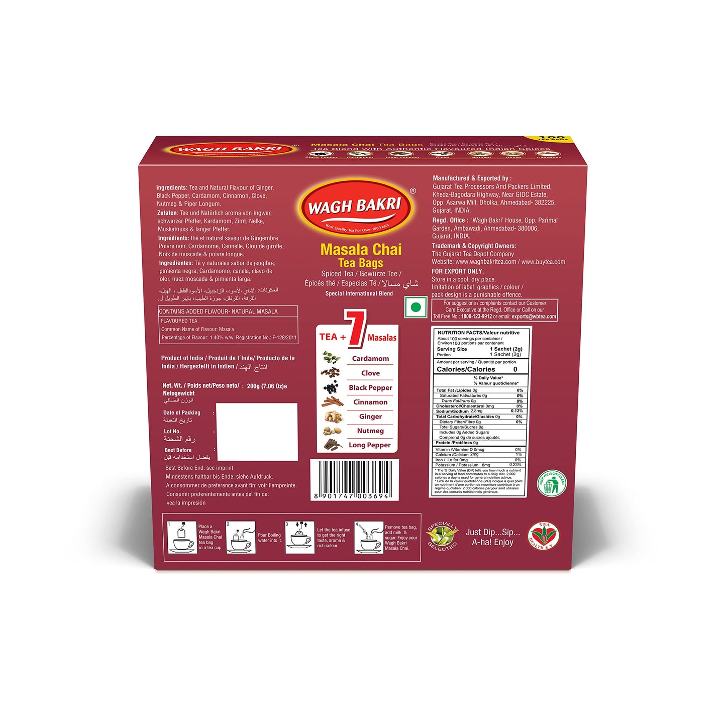 Wagh Bakri Masala Chai Tea Bags, 100 Tea bags of Special International Blend, 200 grams