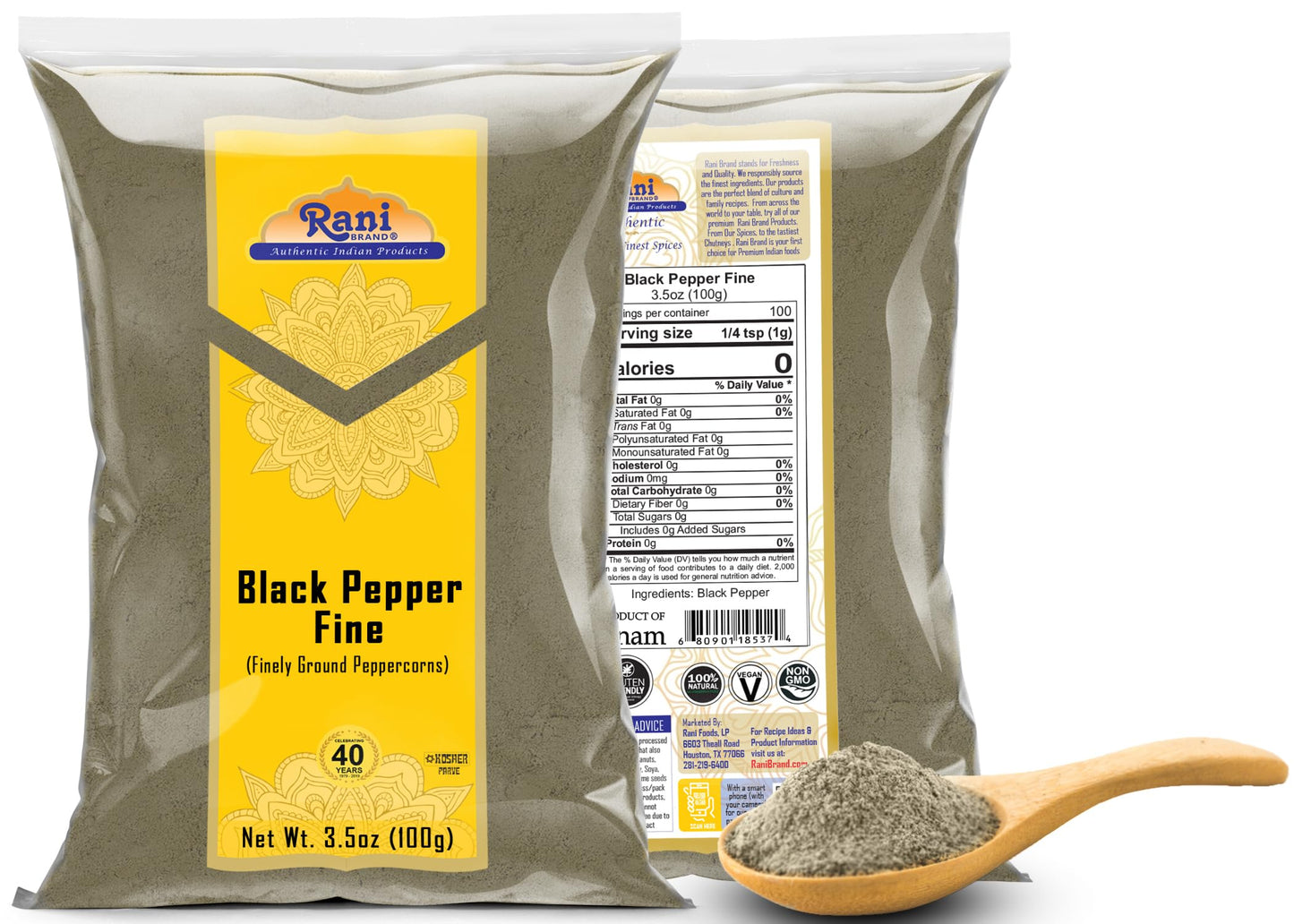 Rani Black Pepper Fine Powder 80 Mesh 3.5oz (100g) ~ All Natural | Vegan | Gluten Friendly | NON-GMO | Kosher | Product of Vietnam