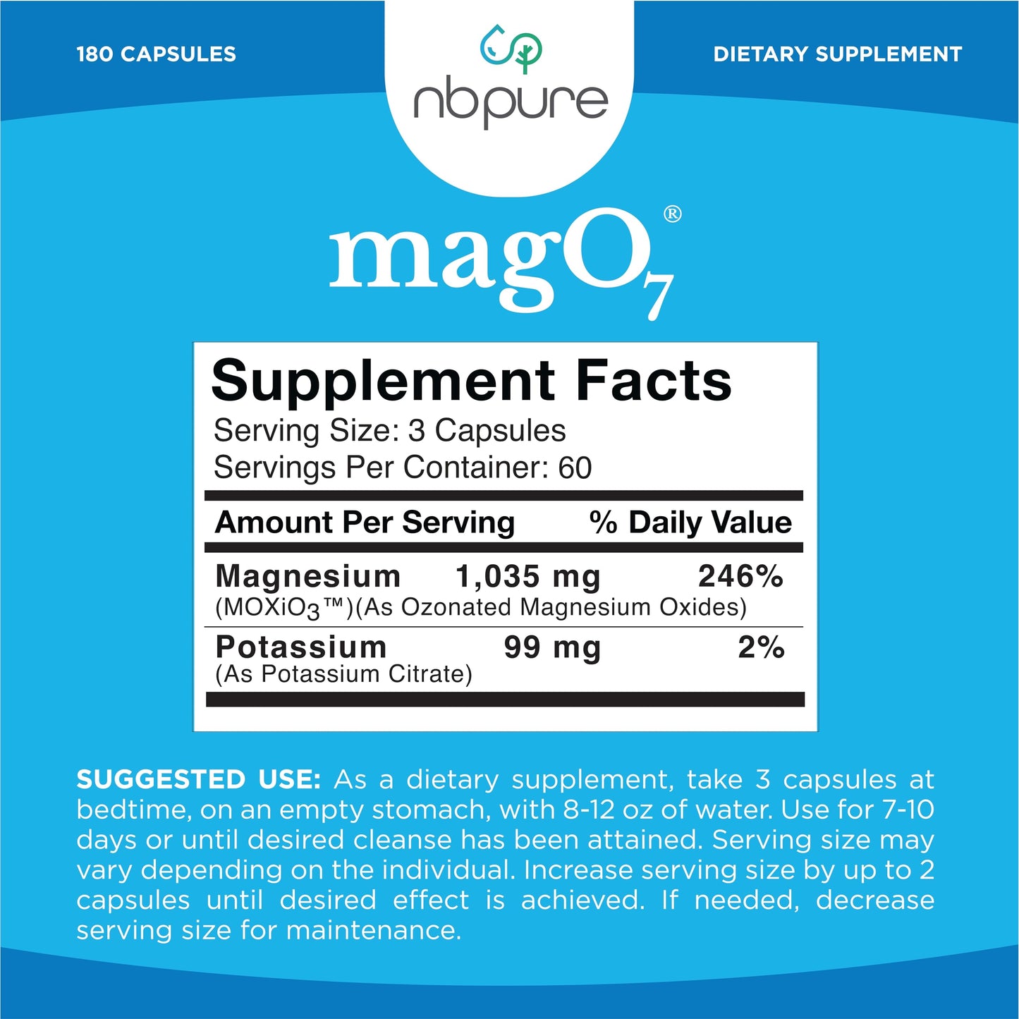 nbpure MagO7 - Natural Colon Cleanse & Detox - Occasional Constipation Relief, Stool Softener, & Bloating Support for Men & Women - Ozonated Magnesium Oxide, 180 Capsules