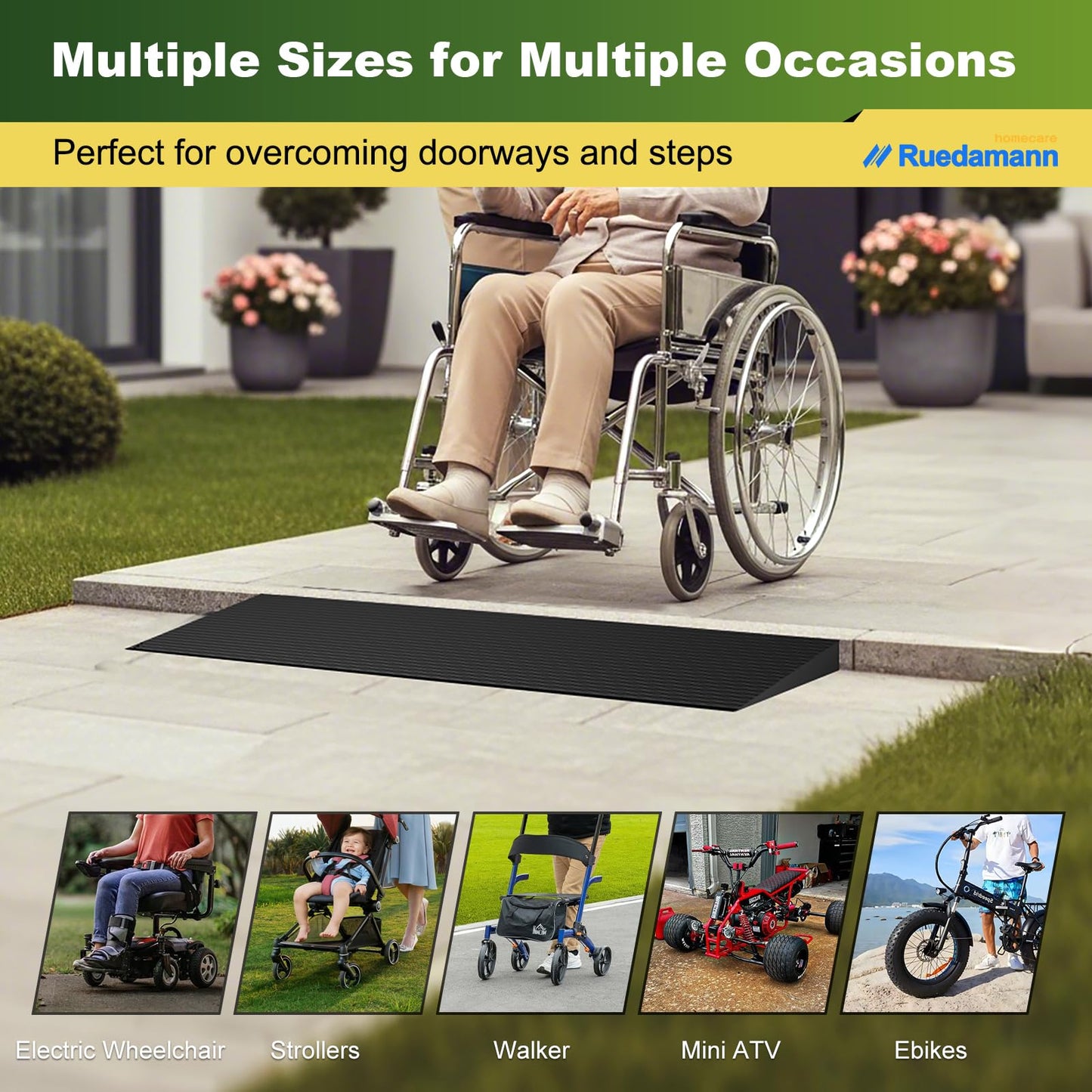 Ruedamann 1" Rise Threshold Ramp for Doorways, Sturdy Rubber Threshold Ramp, Non-Slip Power Door Ramps for Wheelchairs is Adjustable and Cuttable for Doorways,Curb, Scooters, Driveways