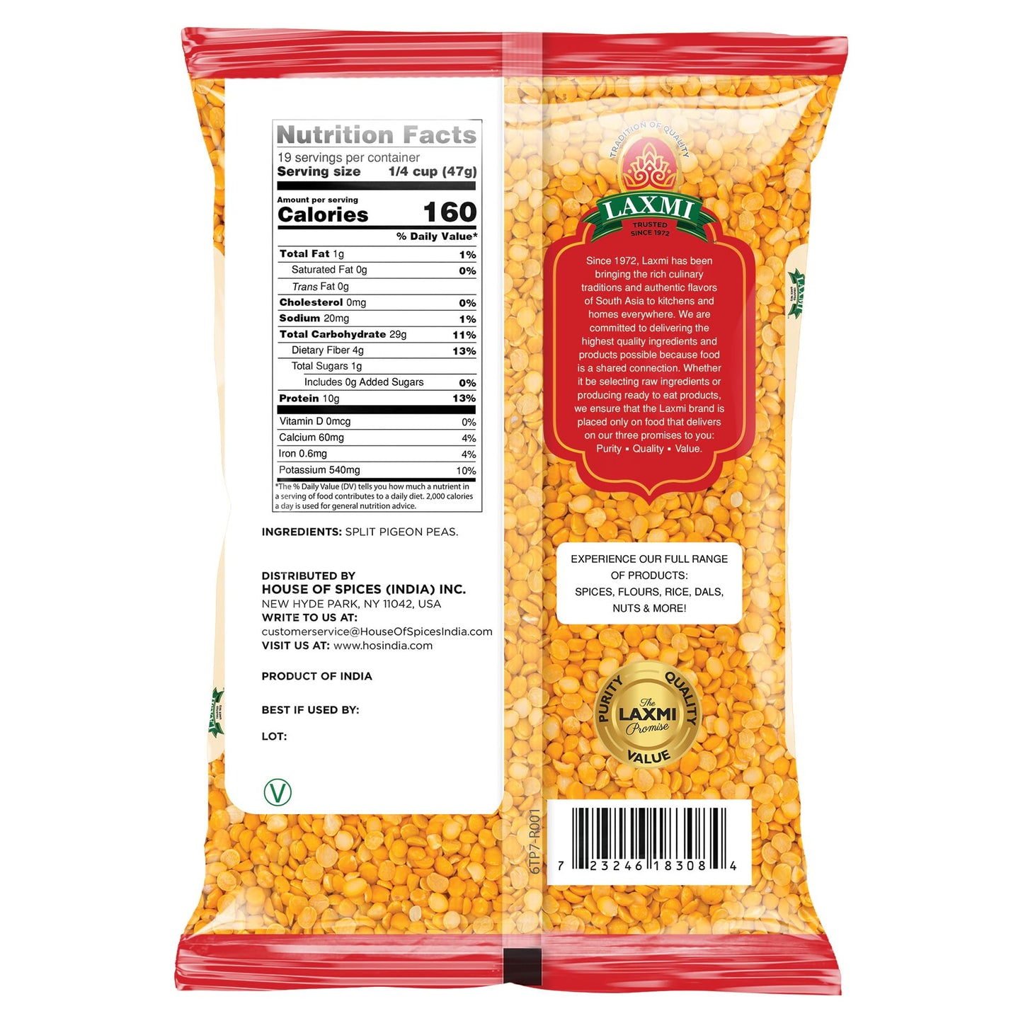 Laxmi Toor Dal, Traditional Indian Split Pigeon Peas - 2lb Bag