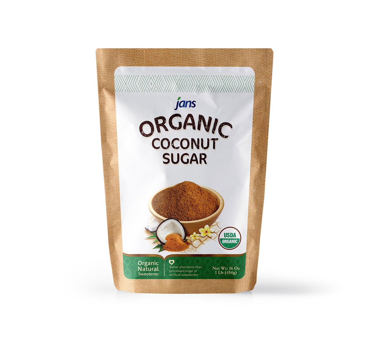 Jans Organic Coconut Sugar 16 oz | Made from Fresh Coconut | Gluten-Free | Non-GMO | Low Glycemic | Paleo & Vegan Friendly | Mild Caramel Flavor | USDA Certified Organic (Pack of 1)