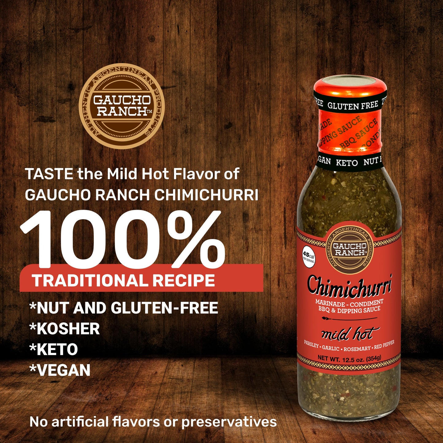 Gaucho Ranch Gourmet Chimichurri Steak Sauce Mild Hot | Authentic Argentinian Marinade & Meat Sauce for Beef, Chicken, Pork & Veggies | All Natural, Vegan, Gluten-Free, Keto, No Preservatives | 12.5oz