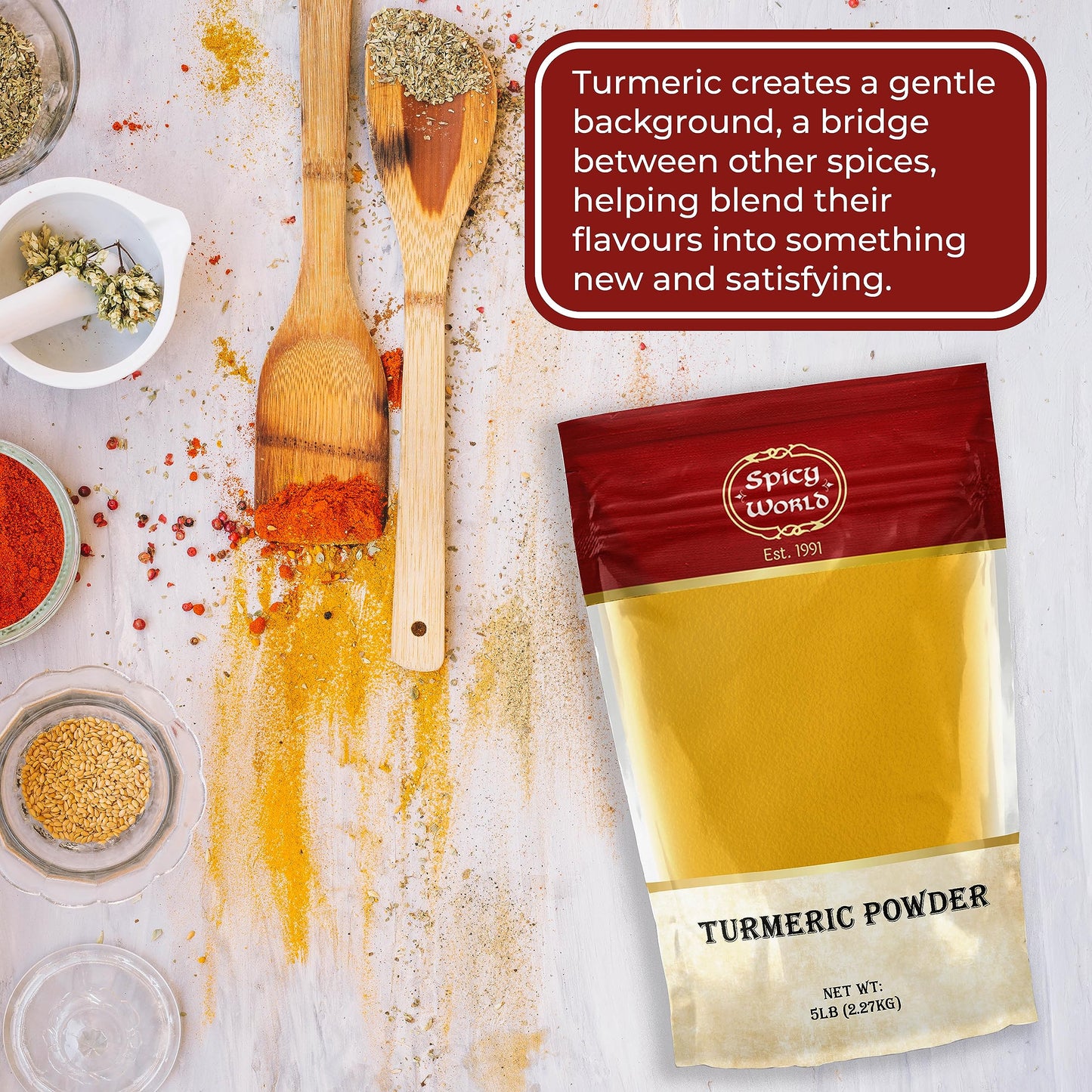 Turmeric Powder 5 Pound Bulk Bag - Indian Turmeric Root Ground (Haldi) - Minimum Curcumin 2.5% - Pure, Vegan, from India by Spicy World