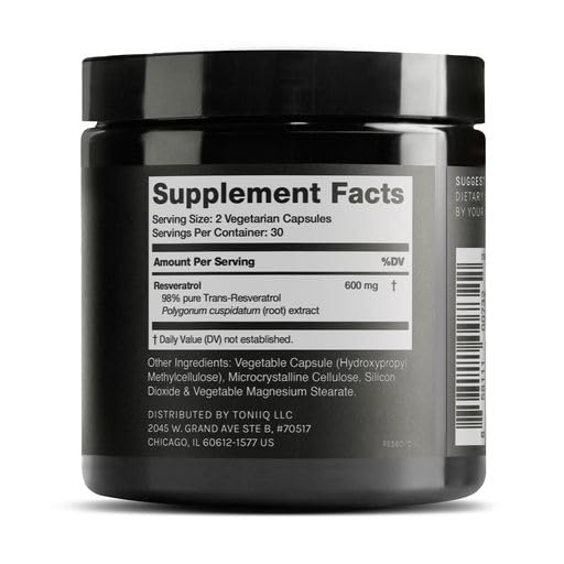Toniiq Ultra High Purity Resveratrol Capsules - 98% Trans-Resveratrol - Highly Purified and Bioavailable - 60 Caps Reservatrol Supplement