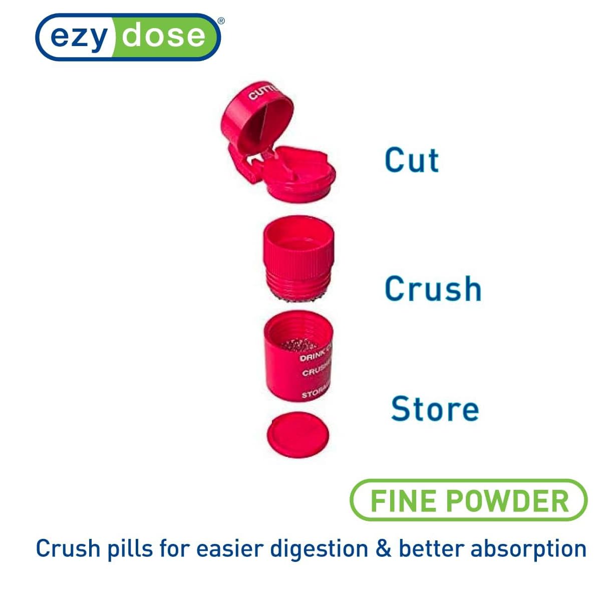 EZY DOSE 3 Compartment Pill Crusher, Cutter and Grinder, Daily Usage, Safely Cut Pills, Vitamins, Tablets, Accurate and Easy Cutting, Stainless Steel Blade, Removable Drinking Cup, Red, BPA Free