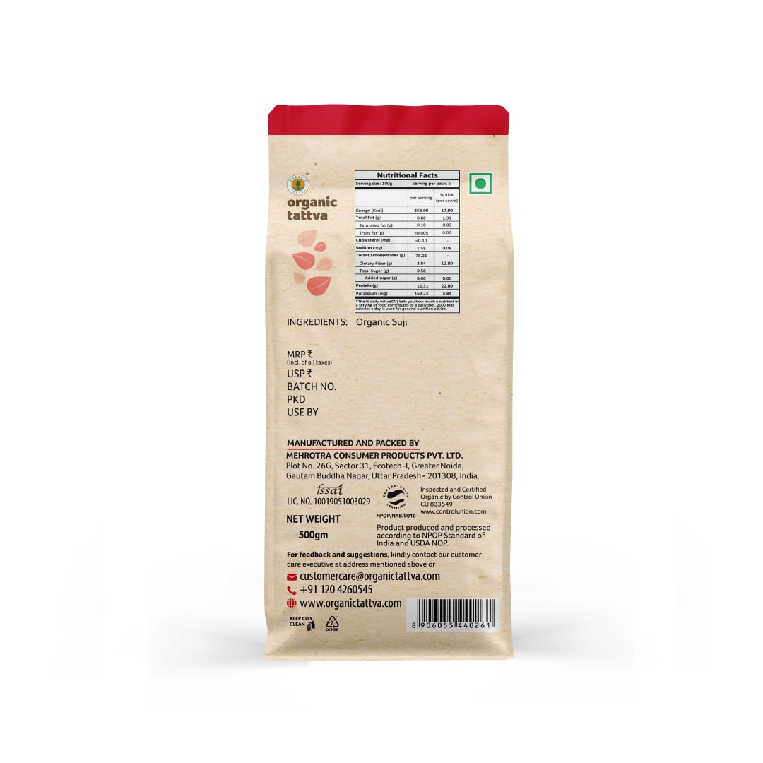 Organic Tattva Semolina Coarse Rawa Suji, 500g USDA Organic Certified
