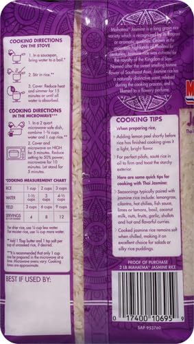 Mahatma Jasmine, 2lb Bag of Rice, Thai, Indian, or Cambodian Fragrant Flavored Rice, Stovetop or Microwave