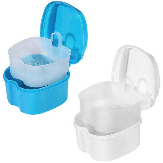 2 Pack Colors Denture Bath Case Cup Box Holder Storage Soak Container with Strainer Basket for Travel Cleaning (White and Light Blue)