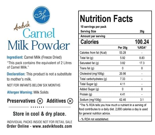 Aadvik Freeze Dried Camel Milk Powder | Pasture Grazed | Pure and Natural | Whole A-Grade Non GMO Shelf Stable Milk Powder 0.702 Oz x 10 Sachets | 7.2 Oz