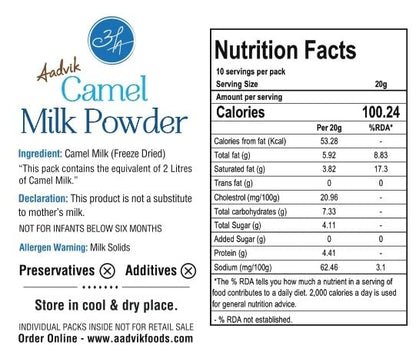 Aadvik Freeze Dried Camel Milk Powder | Pasture Grazed | Pure and Natural | Whole A-Grade Non GMO Shelf Stable Milk Powder 0.702 Oz x 10 Sachets | 7.2 Oz