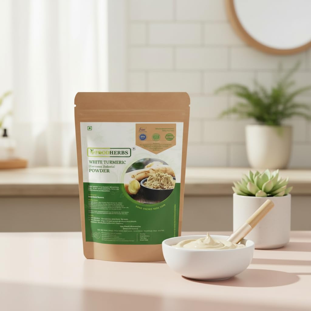 FOODHERBS White Turmeric Powder | 200 Gm/0.44 Lbs | Curcuma Zedoaria | For Glowing Skin, Body Odor, Reducing Scars, Black Spots | No Stain | Kachoor | Poolankilangu | Skin Hydration
