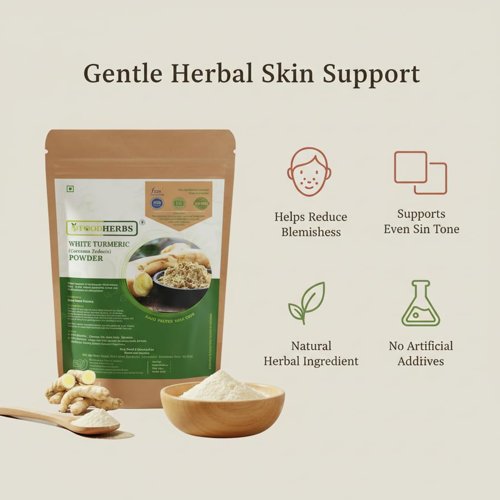 FOODHERBS White Turmeric Powder | 200 Gm/0.44 Lbs | Curcuma Zedoaria | For Glowing Skin, Body Odor, Reducing Scars, Black Spots | No Stain | Kachoor | Poolankilangu | Skin Hydration