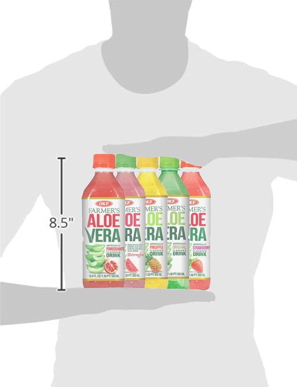 OKF Farmer's Aloe Vera Drink Flavored Variety Pack - Original, Pomegranate, Pineapple, Strawberry, Watermelon Flavored Aloe Drinks (16.9oz/500ml Bottles 10 Count)
