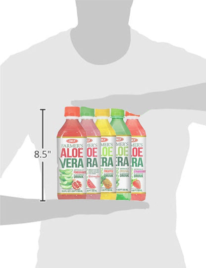 OKF Farmer's Aloe Vera Drink Flavored Variety Pack - Original, Pomegranate, Pineapple, Strawberry, Watermelon Flavored Aloe Drinks (16.9oz/500ml Bottles 10 Count)