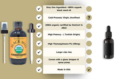 Prime Natural Organic Black Seed Oil 4oz - Cold Pressed Unrefined High Thymoquinone 1.7% USDA Certified - Turkish Origin Potent Nigella Sativa Liquid - Vegan Omega 3 6 9, Antioxidant