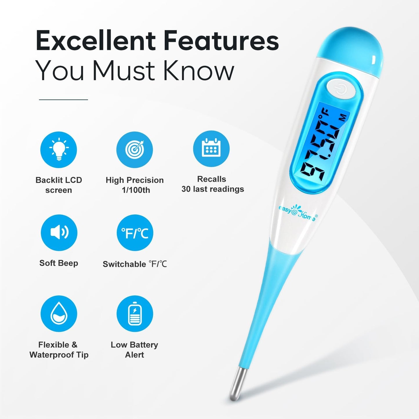 Easy@Home Digital Basal Thermometer for Ovulation: Backlight LCD Display 1/100th Degree High Precision BBT, Memory Recall, NOT Bluetooth Enabled – Scan Results with Premom Fertility Tracker App, Blue