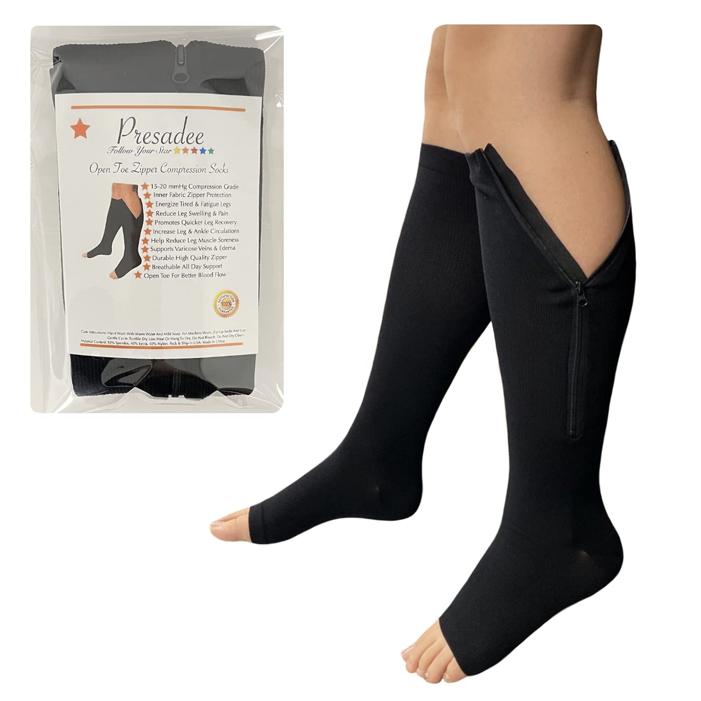 Presadee Open Toe 15-20 mmHg Moderate Compression Leg Calf Swelling Zipper Sock