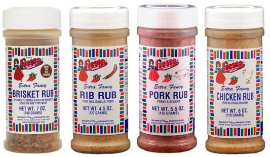 Bolner's Fiesta Extra Fancy Meat Rub 4 Flavor Variety Bundle: (1) Brisket Rub, (1) Rib Rub, (1) Chicken Rub, and (1) Pork Rub, 4.5-7 Oz. Ea.
