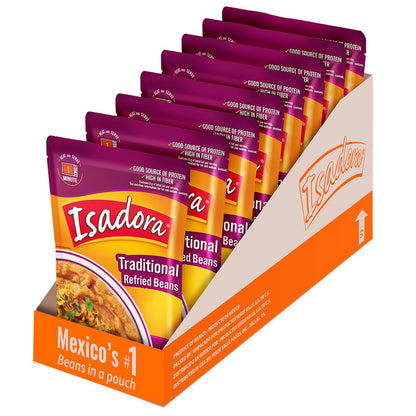Isadora Traditional Refried Beans in Pouch (Pack of 8), Delicious Refried Beans, Microwave Food Premade Meals, Plant Based Protein,15.2 oz