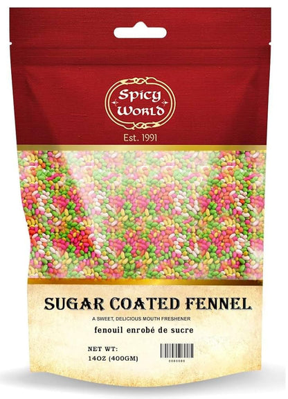 Spicy World Sugar Coated Fennel Seeds | Sweet Saunf Candy for Mouth Freshening - 14 Oz (400g) Pack | Premium Quality Fennel Mouth Freshener | Indian After Meal Digestive Treat