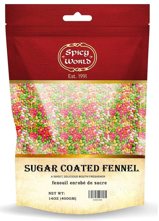 Spicy World Sugar Coated Fennel Seeds | Sweet Saunf Candy for Mouth Freshening - 14 Oz (400g) Pack | Premium Quality Fennel Mouth Freshener | Indian After Meal Digestive Treat