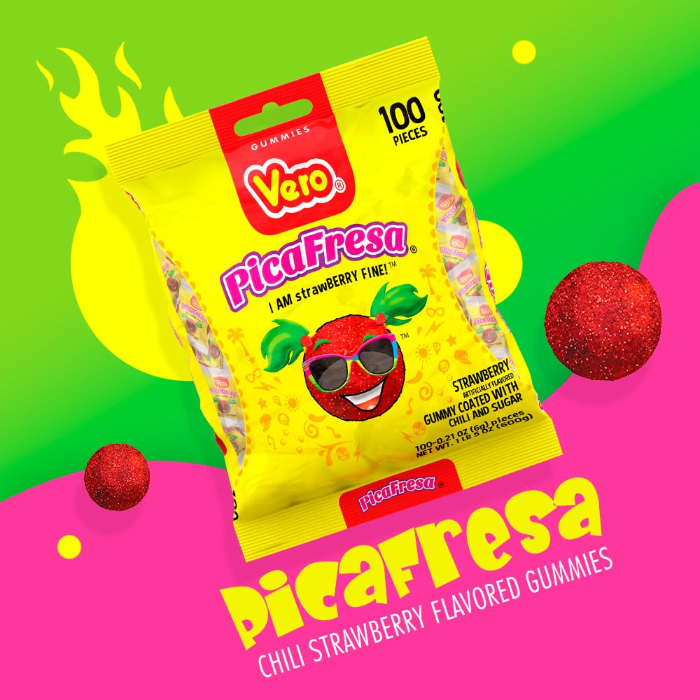 Vero Pica fresa - Strawberry Flavored Chewy Gummy Candy Treats - 100 Piece (Pack of 1)- (1 Lb, 5.15 Ounces Each) - Individually Wrapped Mexican Candy Perfect for Piñatas, Halloween, and More