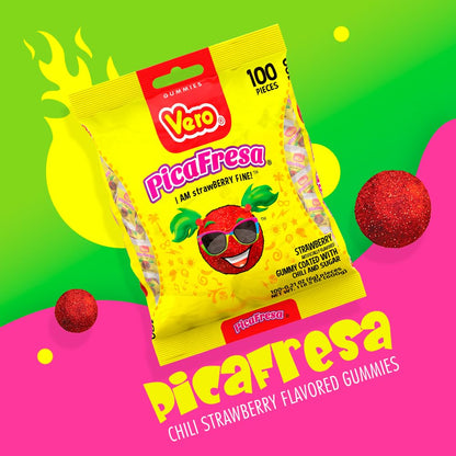 Vero Pica fresa - Strawberry Flavored Chewy Gummy Candy Treats - 100 Piece (Pack of 1)- (1 Lb, 5.15 Ounces Each) - Individually Wrapped Mexican Candy Perfect for Piñatas, Halloween, and More