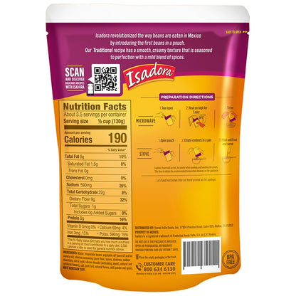 Isadora Traditional Refried Beans in Pouch (Pack of 8), Delicious Refried Beans, Microwave Food Premade Meals, Plant Based Protein,15.2 oz