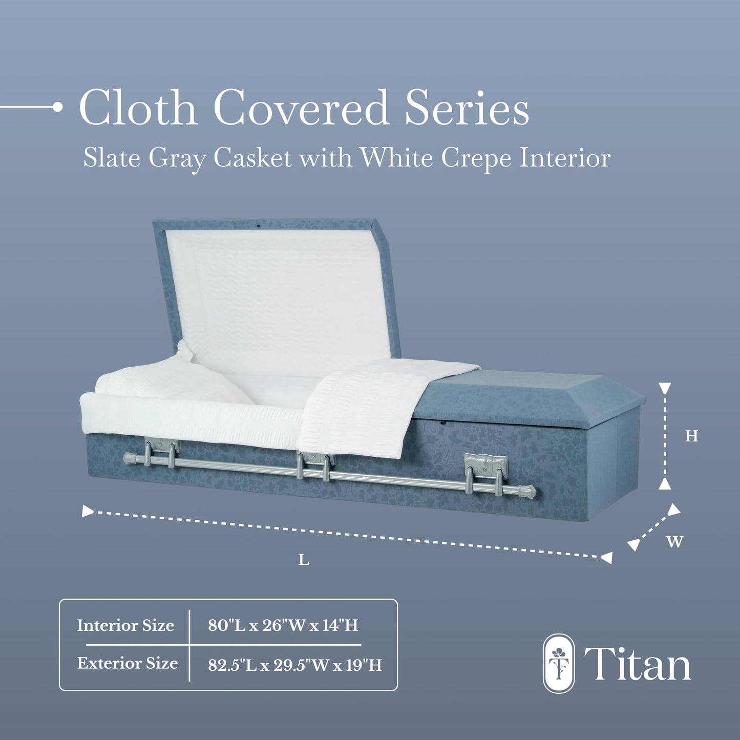 Titan Casket – Oversized Slate Gray Cloth Covered Casket with White Crepe Interior | Handcrafted Large Funeral Casket for Dignified Burial Services