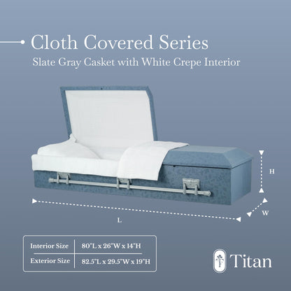 Titan Casket – Oversized Slate Gray Cloth Covered Casket with White Crepe Interior | Handcrafted Large Funeral Casket for Dignified Burial Services