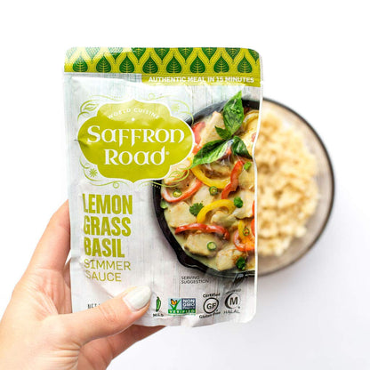 Saffron Road Lemongrass Basil Simmer Sauce | Globally Inspired Simmer Sauce | Gluten-free, Vegan, Non-GMO, and Certified Halal and Kosher | 7.0oz Pouch | Pack of 8