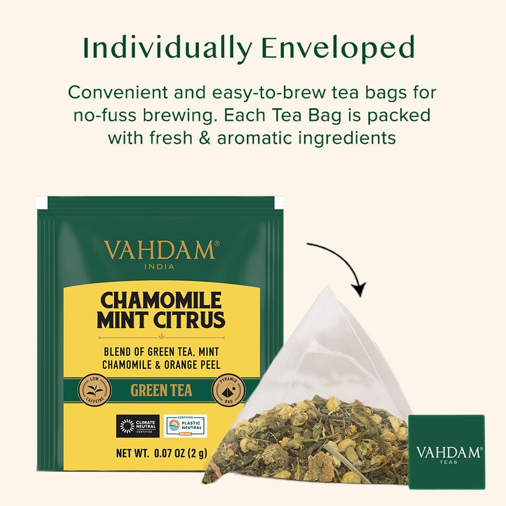 VAHDAM, Chamomile Mint Citrus Green Tea Bags (30 Count) Low Caffeine, Non GMO, Gluten Free | Sweet & Floral | Resealable Ziplock Pouch | Individually Wrapped Chamomile Tea Bags