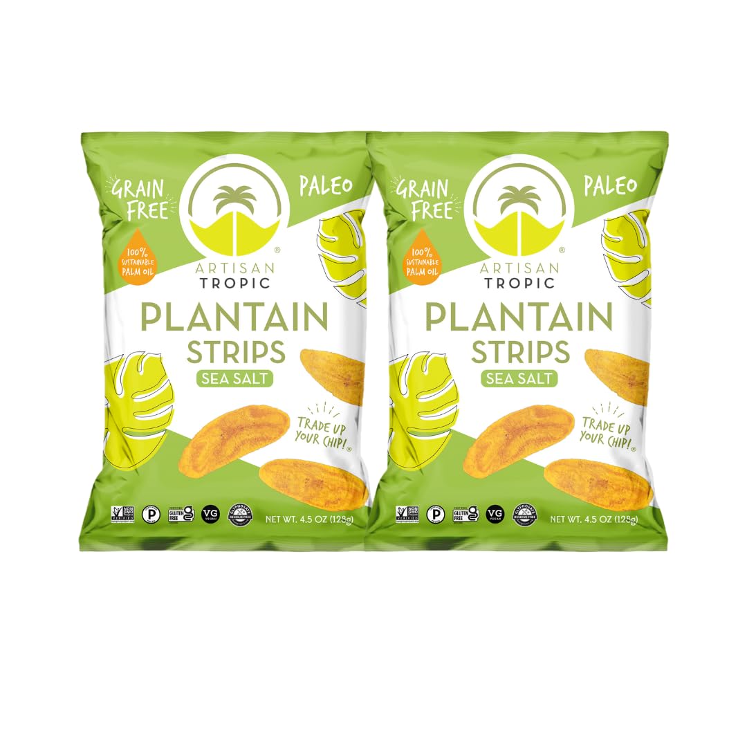 ARTISAN TROPIC Plantain Strips Sea Salt - 2 Pack, 4.5oz - Vegan, Paleo, Gluten Free Chips – Whole 30 Approved Foods Non-GMO Healthy Snack for Lunches, Dipping, Parties - Baked Banana Chips