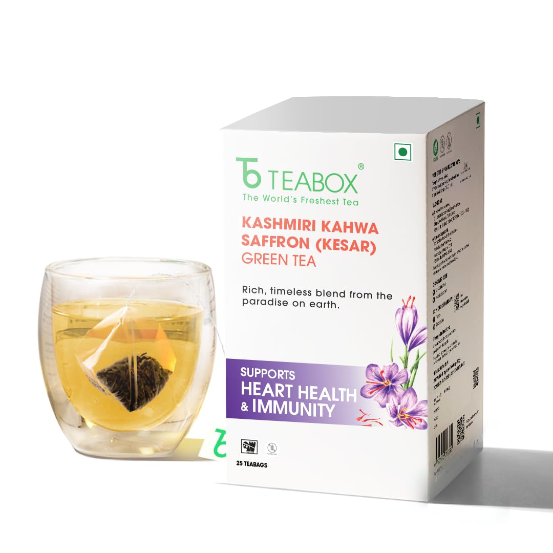 Teabox Kashmiri Kahwa Green Tea | 25 Tea Bags | Whole Green Tea Leaves with Saffron, Cardamom, Cinnamon, Clove and Almond | Gluten-Free Tea, Medium-Caffeine