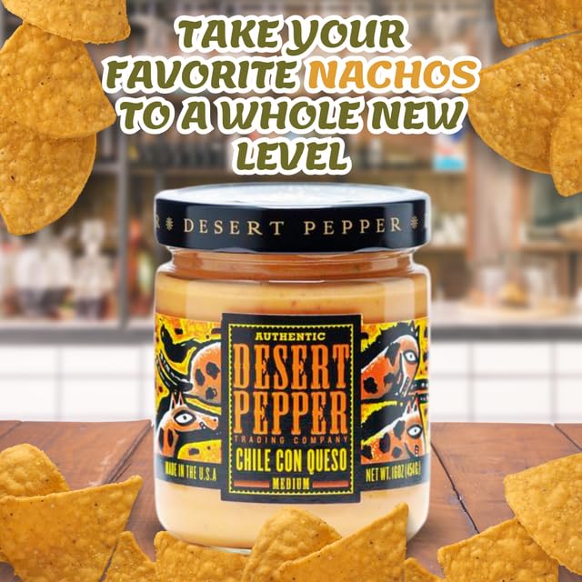 Desert Pepper Trading Con Queso Dip with Flame-Roasted Red, Green Chiles and Golden Cheddar Cheese, Gluten-Free, Low Carb Snack Medium,16 oz 6-Pack