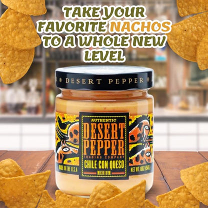 Desert Pepper Trading Con Queso Dip with Flame-Roasted Red, Green Chiles and Golden Cheddar Cheese, Gluten-Free, Low Carb Snack Medium,16 oz 6-Pack